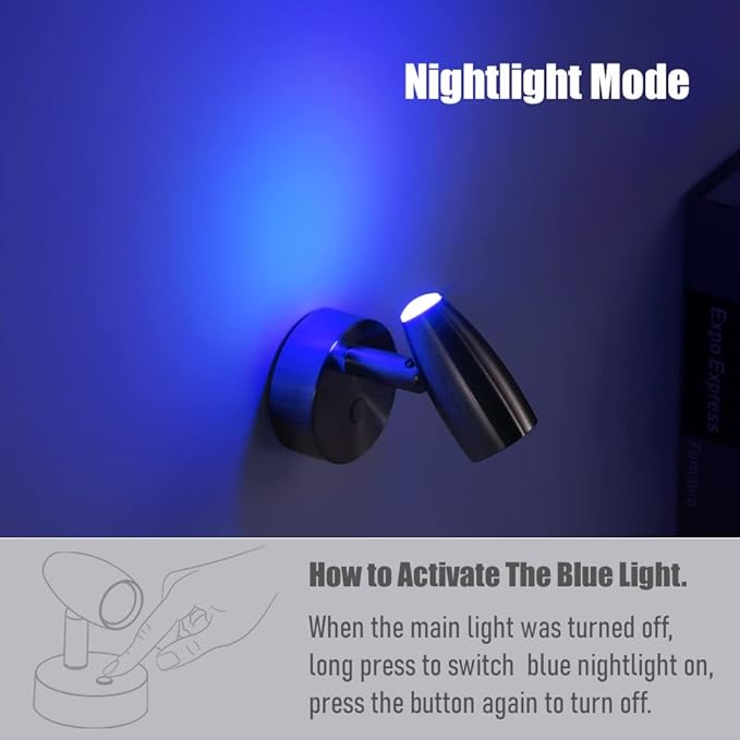 RV Reading Light 12V Swivel LED Spotlight with Quick USB Charger & Blue Nightlight, Camper Van Travel Trailer Bedroom Reading Light,3-1/2" Length,12-24VDC Hard-Wired (Brushed Nickel)