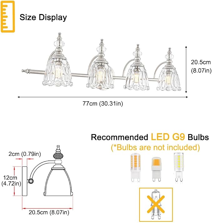 4 Light Brushed Nickel Bathroom Light Fixture, Antique Vanity Light with Flower Glass Shade, Bathroom Vanity Light Over Mirror, Farmhouse Sconces Wall Lighting for Hallway Livingroom Bedroom