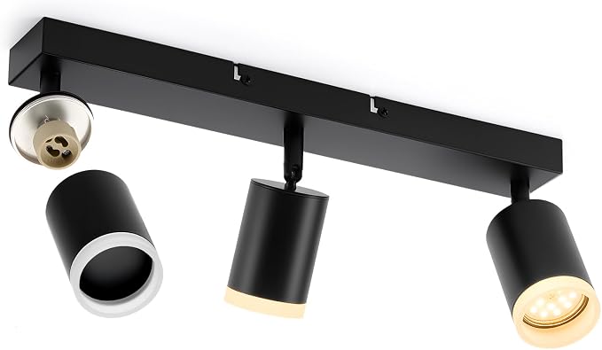 Bojim LED Track Lighting Fixtures Ceiling Mount for Kitchen, 3 Light Modern Black Track Lights with Acrylic Ring, Adjustable Spot Lights for Dinning Living Room Hallway, GU10 Base (Bulb Not Included)