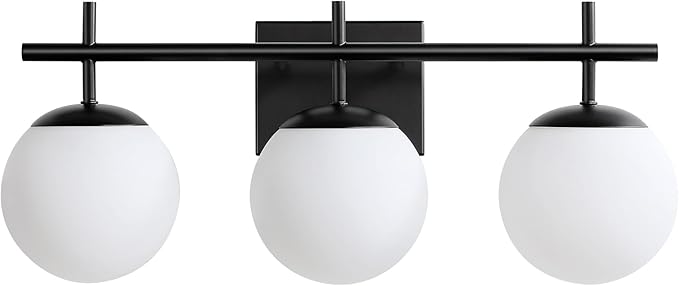 Black Bathroom Vanity Light, 3-Light Bathroom Lighting Fixtures Over Mirror with Milky White Globe Glass Shade, Mid Century Modern Vanity Lights Fixture Over Mirror 22.4 Inch