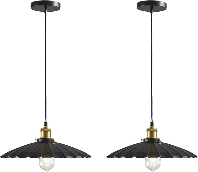 2Pack Kitchen Hanging Lights, Black Hanging Light 13.8 Inch Metal Scalloped Lampshade Farmhouse Pendant Lights Kitchen Island Vintage Pendant Light for Bedroom Bar Sofa