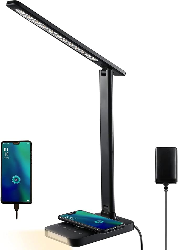 VAVOFO LED Desk Lamp with Fast Charger, USB Charging Port, Desk Light for Home Office with 5 Brightness Levels, Touch Control, 30/60 min Auto Timer, Eye-Caring Dimmable Table Lamp with Adapter