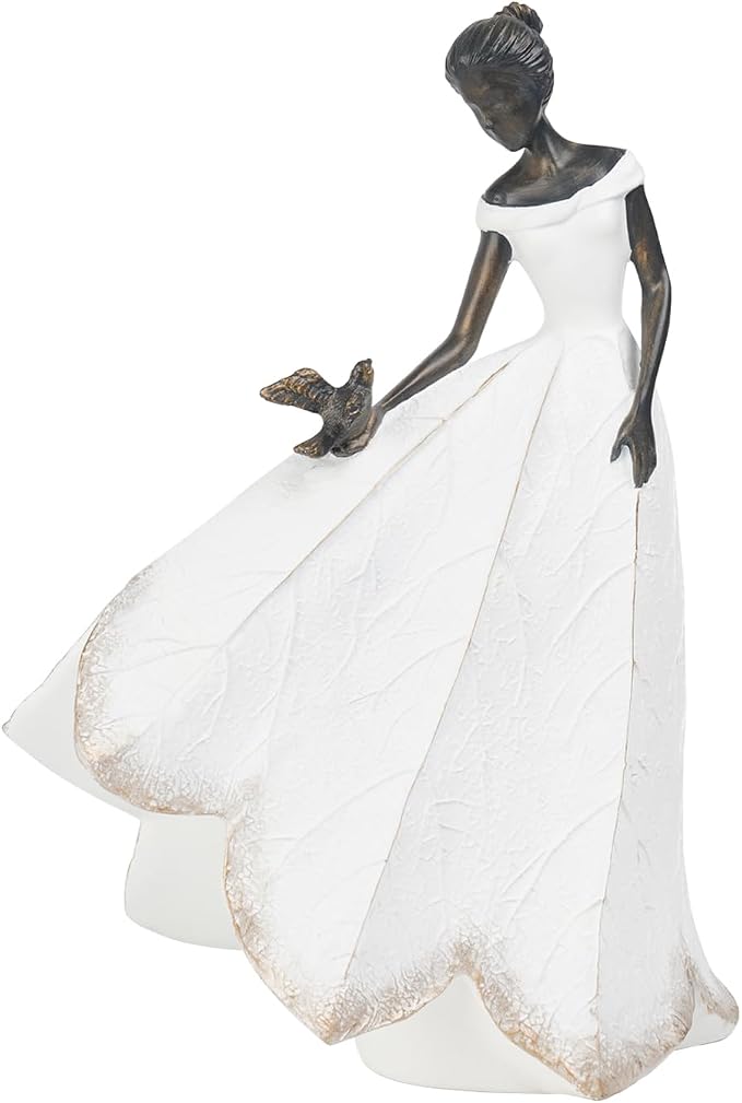 Guichifun Fairy Statue, White, 8.5 x 5.25 x 12 Inch | Leaf Angel Girls With Bird, Resin, Indoor Outdoor Yard Decorations, Figurines, Retirement Gift
