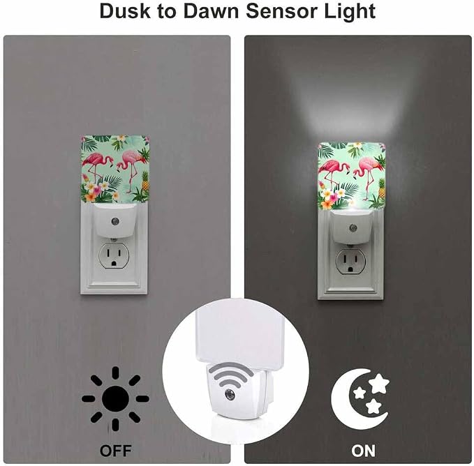 Pink Flamingos Night Light Tropical Flowers and Palm Leaves 0.5W Night Lights Auto LED Lamp Energy Saving Square Lights for Room Bedroom Bathroom