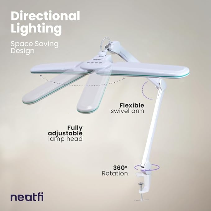 Neatfi Elite HD XL LED Desk Lamp | 3 Light Modes | Non-Polar Dimming | Eye-Caring Desk Light for Home Office, Drafting, Beauty Shop, Workbench (CCT with Clamp, Blue Ring, 17 Inches)