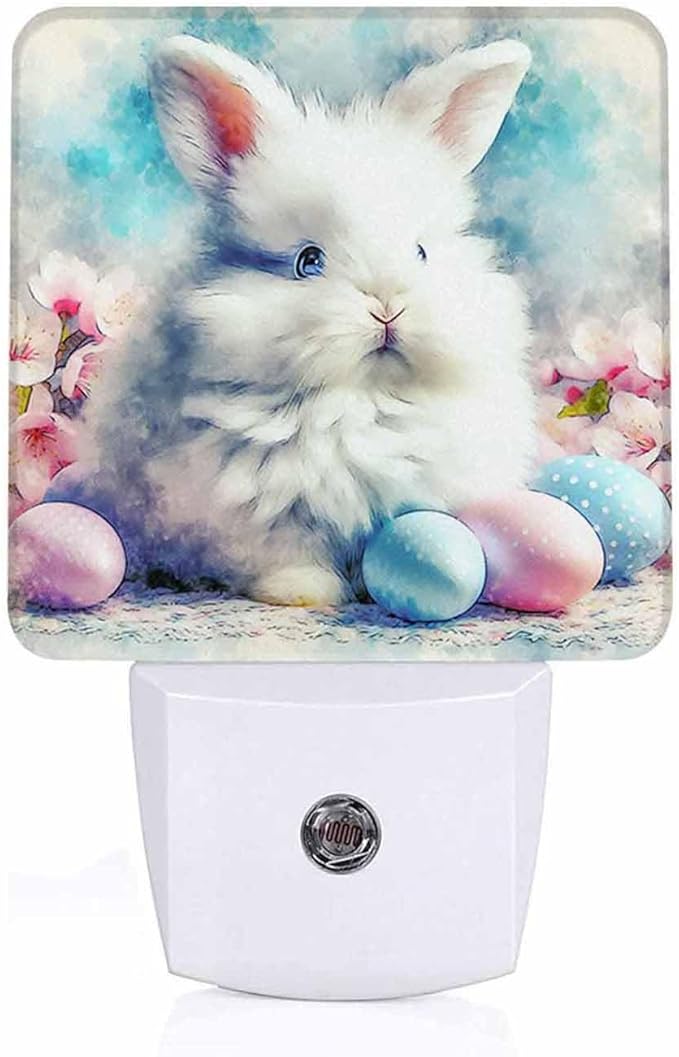 LED Night Light Lamp with Smart Sensor Dusk to Dawn Sensor,White Easter Bunny Sit Among Easter Eggs Surround by Pink Cherry Blossoms Night Light Daylight White,0.5W Plug-into Wall for Adults
