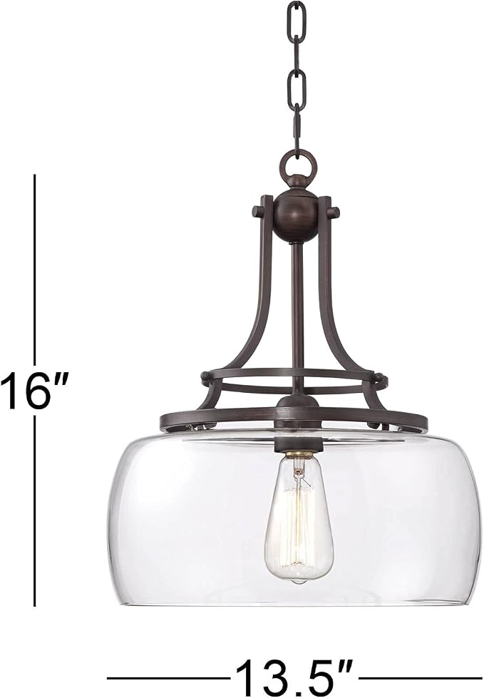 Charleston 13 1/2" Wide Clear Glass and Bronze Pendant Light Light Fixture | Brown Small Farmhouse Industrial Rustic Shade Dining Room House Bedroom Entryway Kitchen Island Hallway High Ceilings