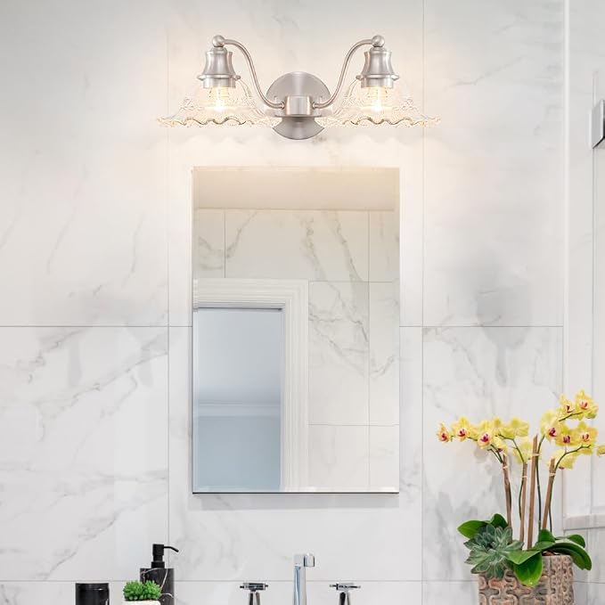 Brushed Nickel Bathroom Vanity Light Fixture Vintage, E26 Easy Mounted | Vanity Light with Flower Glass Shades, 18" Wide Bathroom Lighting Over Mirror, Easy Mounted for Bathroom, Bedroom, Hallway