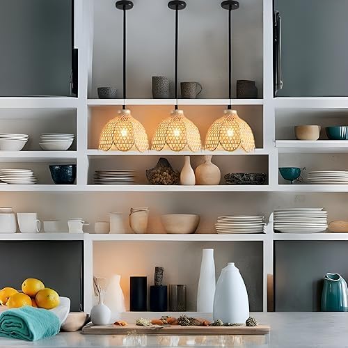 3-Pack Bamboo Pendant Light Mini Rattan Chandelier | 10.6" Boho Bamboo Rattan Pendant Lights,Hand Woven Rattan Chandelier for Kitchen Island Dining Bedroom Living Room