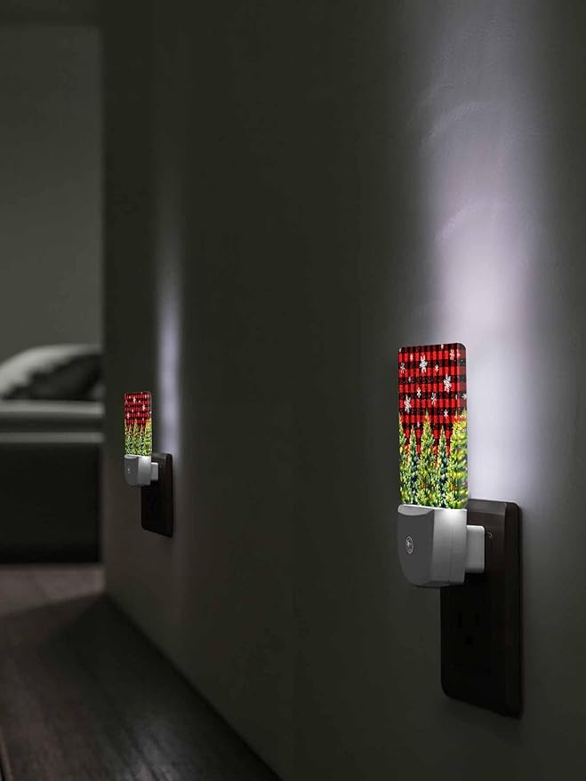 Christmas Night Lights Plug into Wall LED Night Light Christmas Tree with Bow Snowflake Red Plaid Automatic Dimmable Dusk-to-Dawn Square Shaped Smart Nightlight for Bathroom/Bedroom