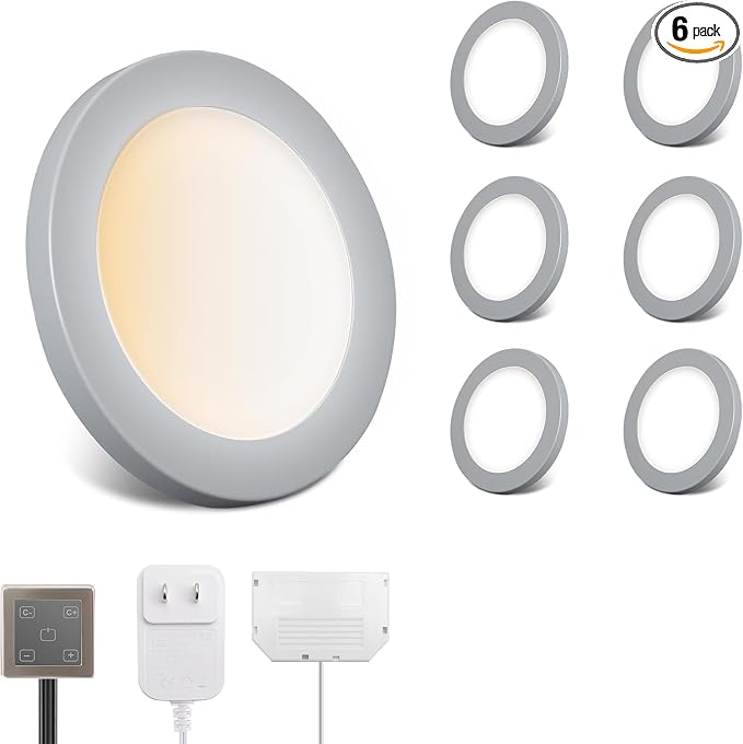 V4light Wired LED Puck Lights, Under Cabinet Lighting Touch Dimmer, 6 Pack | Ultra-Thin 6mm Dimmable, 2700K-6500K, Plug-In Powered, Easy Install, for Kitchen, Pantry, Closet, Counter & Display