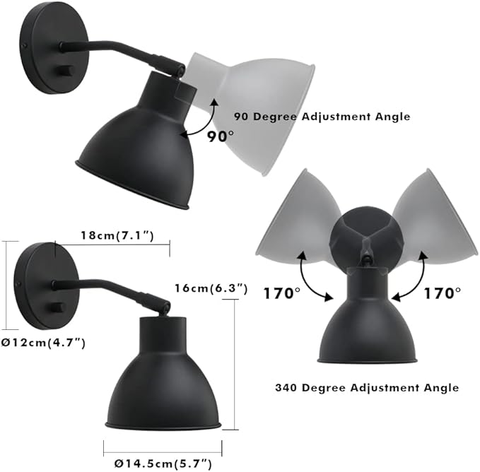 Yosoan Set of 2 Indoor Reading Wall Sconce with On Off Switch, Brass Modern Vintage Industrial with 340 Degree Angle Wall Mount Lamp Fixture, 5.7" Black Bowl Metal Shade Bedside Vanity Bunk(Black)