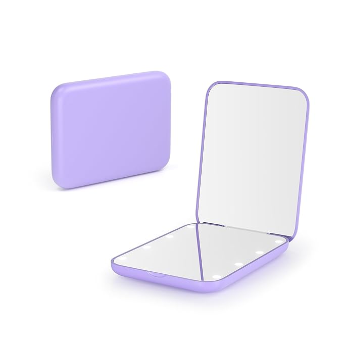 Kintion Pocket Mirror, 1X/3X Magnification LED Compact Travel Makeup Mirror with Light for Purse, 2-Sided, Portable, Folding, Handheld, Small Lighted Mirror for Gift, Purple