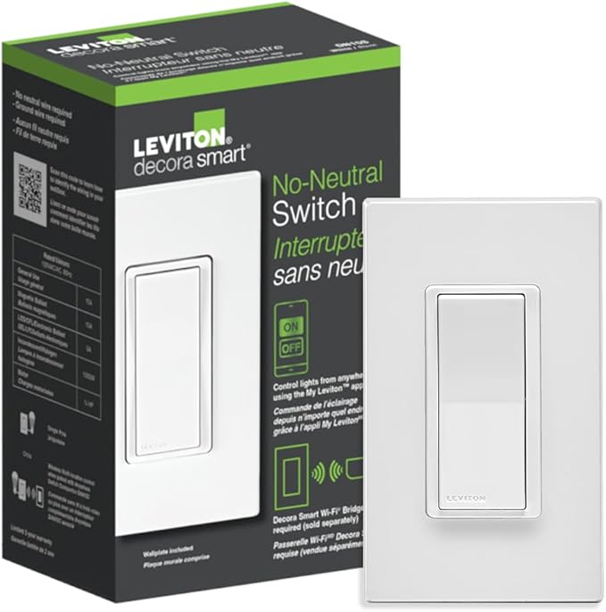 Leviton No-Neutral Decora Smart Switch, Requires MLWSB Wi-Fi Bridge to Work with My Leviton, Alexa, Google Assistant, Apple Home/Siri & Wire-Free 3-Way DN15S-1RW, White