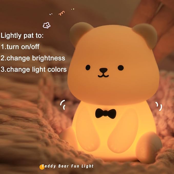 Cute Bear Night Light - 30min Auto-off Kids Toddler Nursery Bedside Nightlight, 3 Brightness 6 Light Colors Night Lamp for Bedroom, Birthday, Valentine’s Day Gift for Her Girls Boys, White