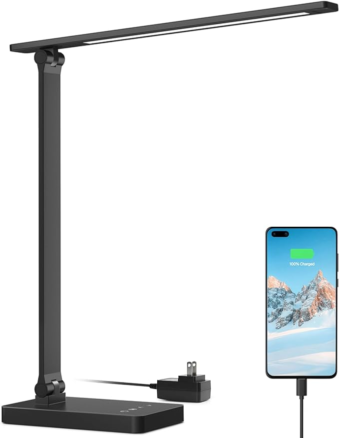 Lepro Desk Lamp with USB Charging Port for Home Office, 650LM 9.5W, Black | Dimmable Task Light, 5 Colors 5 Brightness, Eye Caring Table Lamp for Dorm Room, Sewing, Crafting, Reading, Nail, Drafts