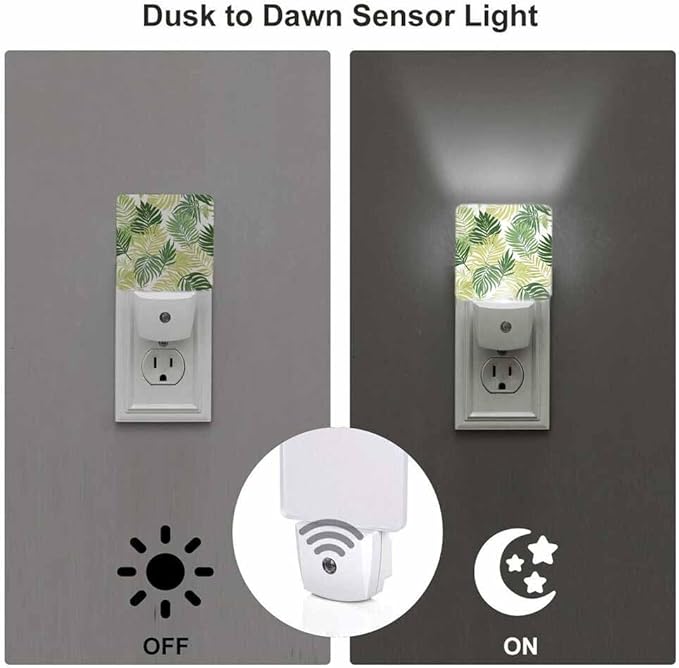 Palm Leaves Night Lights Plug into Wall Green Tropical Summer Leaves Night Light with Dusk to Dawn Sensor for Home Bedroom Bathroom Living Room 0.5W Sleep-Friendly
