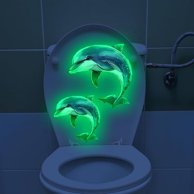 Glow in The Dark Dolphin Wall Stickers Cartoon Sea Animal Toilet Sticker Decals Bathroom Funny Dolphins Night Light Decor (Green Dolphin)