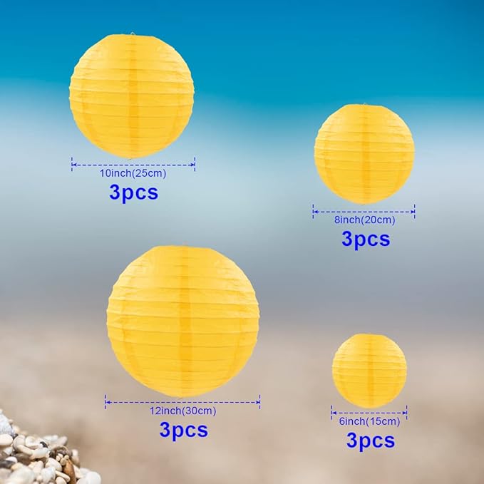 Yellow Paper Lanterns 12 Pcs Assorted Size of 6" 8" 10" 12" Chinese Round Paper Hanging Decorations Ball Lanterns Lamps for Home Decorations, Parties, and Weddings