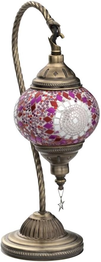 Yarra-Decor Turkish Moroccan Lamp with Bronze Base 3 Color Options Handmade Swan Neck Mosaic Glass Bedside Lamps for Bedroom (LED Bulb Included)(Red1)