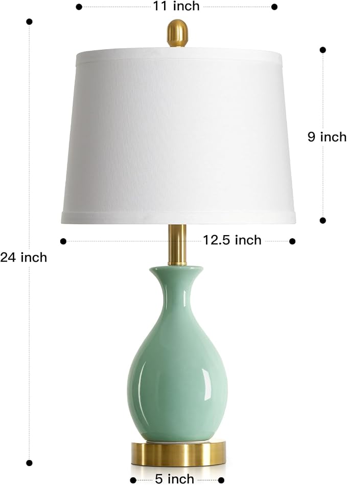 24″ Sage Green Ceramic Table Lamps Set of 2, Modern Classic Bedside Lamps for Bedroom Nightstand, Small Table Lamp for Living Room Side Table (2 LED Bulbs Included)