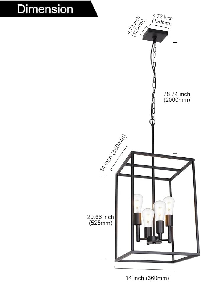 4 Light Large Industrial Metal Farmhouse Pendant Light Black Square Wide Cage Chandelier with Painted Finish for Dining Room Foyer Living Room Cafe Bar