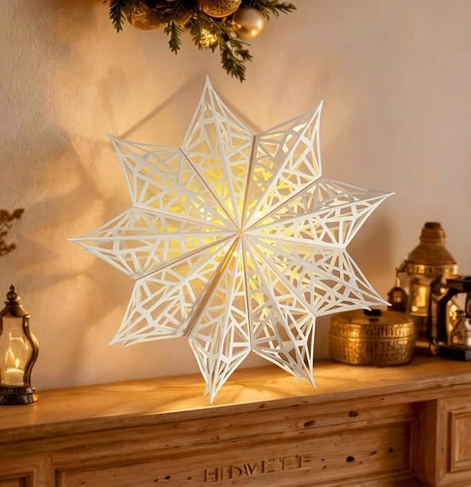 5Pcs Christmas Paper Snowflake Lanterns, Large Christmas Paper Star Lanterns with Lights & Banner White Hanging Snowflake Lamps for Xmas Winter Frozen Weddings Birthday Holiday Party Decorations