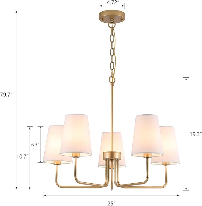 AMZASA Farmhouse Chandelier, 5-Lights Visual Comfort Gold Light, Muted Gold with White Fabric Shade, Linear Island Lighting Fixture for Kitchen, Dining Room