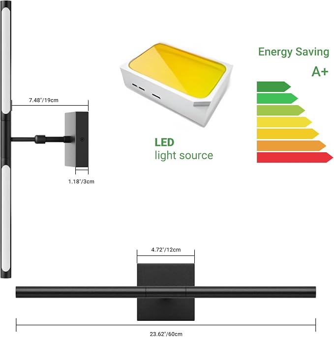 Tipace Hard-Wired LED Bathroom Light Fixtures Over Mirror,24W 360°Rotatable 5500K Black Vanity Light Bar,Modern Wall Sconce for Living Room,Bedroom,Hallway,23.6 Inch