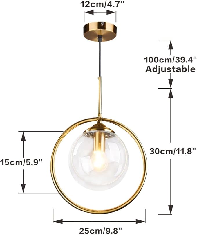 BOKT Clear Bubble Glass Globe Pendant Light Brushed Gold Circle Round Pendant Lighting Mid Century Modern 1-Light Large Single Kitchen Island Bar Lighting Fixture Ceiling Hanging