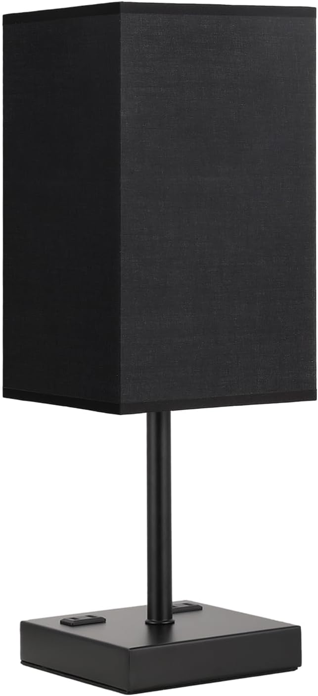 17.4" Black Bedside Table Lamp for Bedroom, Dimmable, USB C+A, 2 AC Outlets | 3-Way Touch Dimming, 3000K Warm White Bulb Included, Nightstand Lamp with Square Linen Shade, Room Decor for Men, Boys, Desk