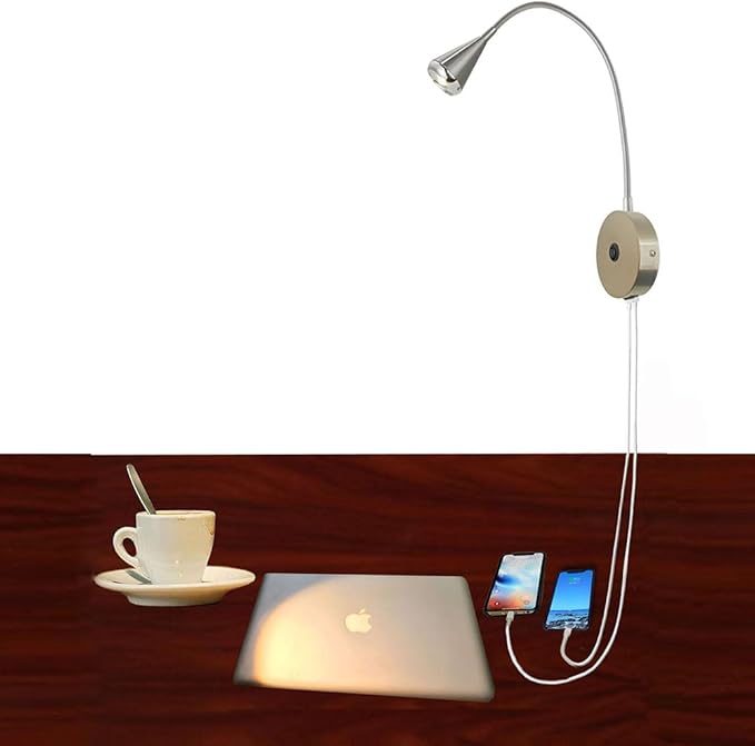 HomeFocus - LED Wall Light, Bedside Reading Light, Eye-Caring Wall Lamp with Dual USB Charging Ports, Dimmable 3 Modes, Wall Sconces, 5W 3000K Warm White, Flexible Gooseneck, Metal, Satin Nickel