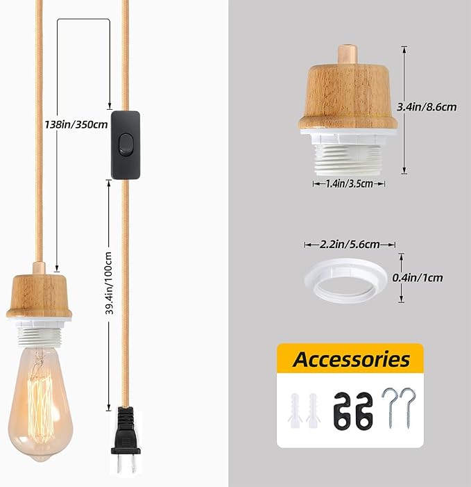 Plug in Pendant Light Cord, 15FT Weaved Plug in Hanging Light Cord Kit | Pendant Light Socket with On/Off Switch, Farmhouse Hanging Lights with Plug in Cord, E26 E27 Light Socket Cord, No Bulb