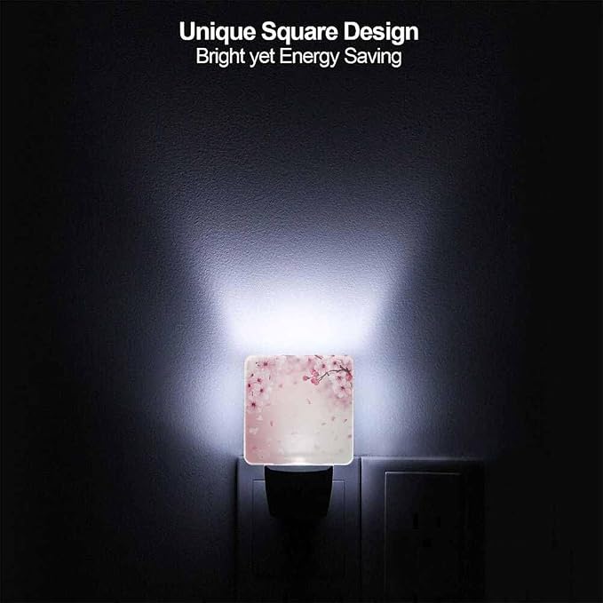 Cherry Blossoms Night Light Pink Flowers Plug into Wall with Dusk to Dawn Light Sensors 0.5W Warm Nightlights for Bedroom Bathroom Hallway