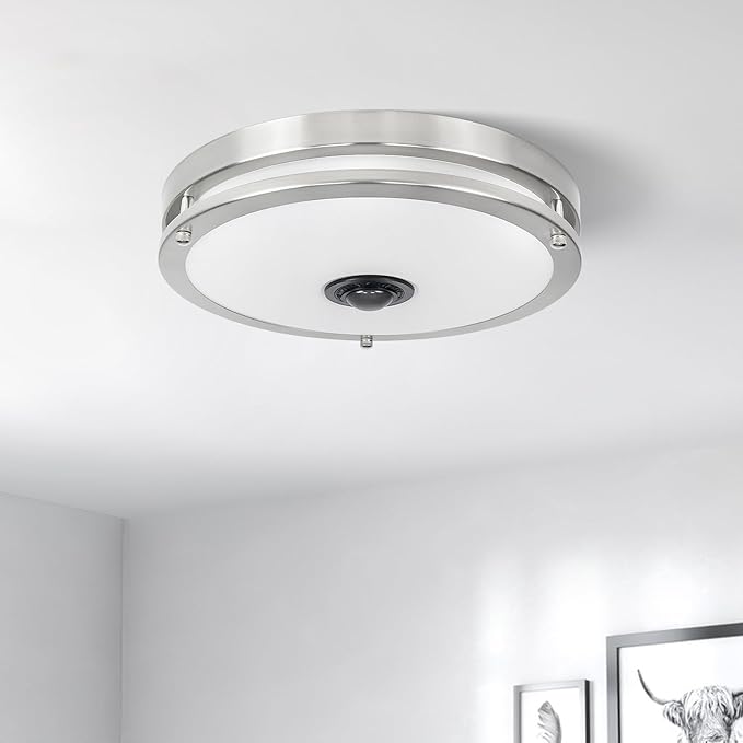 24W LED Motion Sensor Outdoor Ceiling Light, 12IN 2700K/3000K/3500K/4000K/5000K Adjustable Ceiling Lights, Dusk to Dawn Flush Mount LED Ceiling Light Fixture for Porch, Garage, Nickel, 2 Pack