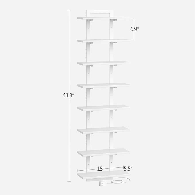 8 Tier Wall Shelf Unit Floating Shelves with LED Light, Vertical Wall Shelf, Wall Mounted Display Shelf for Living Room, Bedroom, Vanity, 15" W x 5.9" D x 58.3" H, White