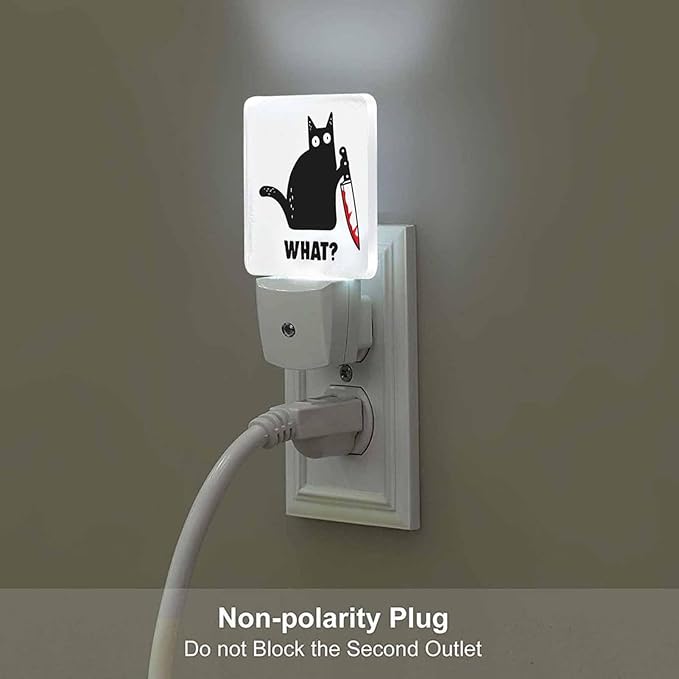 LED Night Light,Black Cat and Knife What LED Night Light Plug into Wall with Dusk to Dawn Light Sensor White Energy Efficient Nightlight for Bedroom Bathroom Hallway Living Room Kitchen