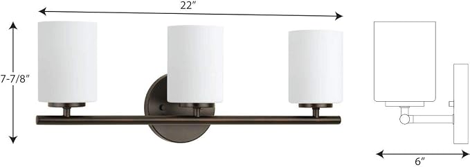 Progress Lighting Replay Collection 3 Light Bathroom Vanity Light, Modern Bath Lighting Fixture with Etched White Glass Shades for Over the Mirror, Reversible Mounting, Antique Bronze