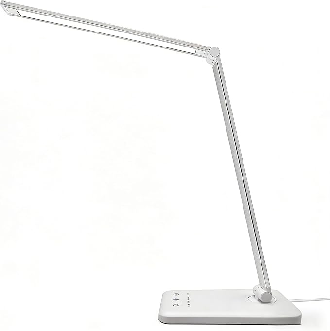 LED Desk Lamp with USB Charging Port, 5 Color Modes, 10 Dimmable Brightness Levels, Eye-Caring Reading Light, Touch Control & 30/60 min Auto Timer, Silver
