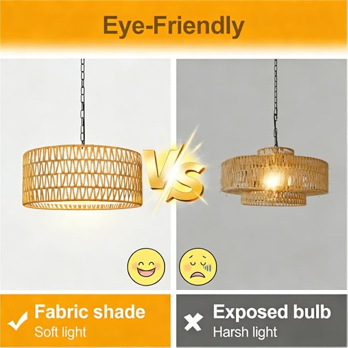 Farmhouse Chandelier Light Fixture, 5-Light Rattan Boho Chandeliers for Dining Room, Hand Woven Pendant Light with Linen Shade, Rustic Hanging Lighting for Kitchen Island, Bedroom (Bulb Not Included)