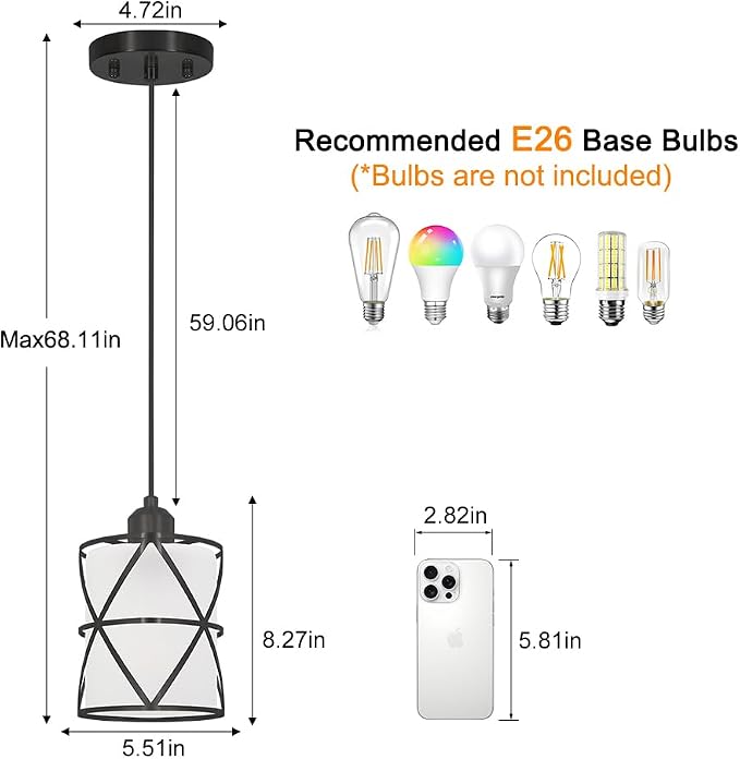 Modern Black Pendant Lights Kitchen Island 2 Pack, Farmhouse Frosted Glass Cylinder Pendant Light Fixture,Island Lights for Kitchen,Pendant Lighting for Home Decor - 5.51 Inch Shade 59.06 Inch Cord