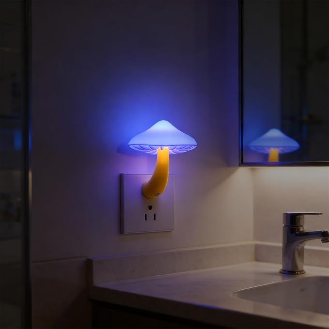 LED Mushroom Night Light Plug in Lamp, Light Sensor Night Lights Plug into Wall, Dusk to Dawn Sensor Night Light for Adults Kids Room Bedroom Bathroom Hallway Kitchen (4, Blue)