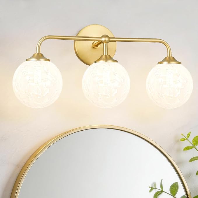 Modern Brushed Gold 3-Lights Vanity Light Fixtures with Carved White Glass Ball Shades, Mid Century Brass Wall Sconce Lighting Fixtures over Mirror, Wall Sconces for Bathroom Dressing Table Bedroom