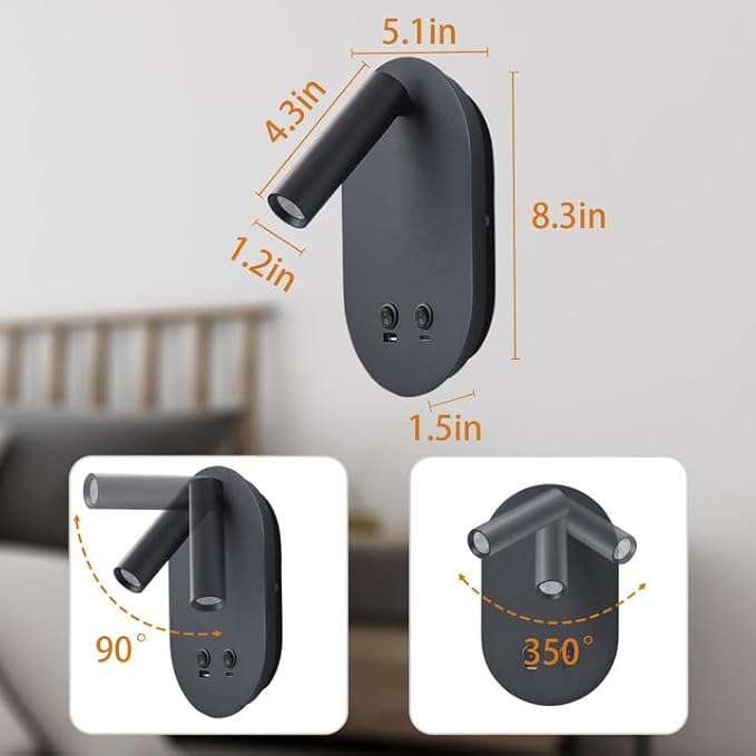 Wall Lamp Plug in Hardwired 2 in 1 Wall Sconces, Wall Mounted Reading Light with USB Type C Ports, Adjustable Bedside Headboard Spotlight, Bedside Lamp with 9W+3W Night Light 3000K (Black)