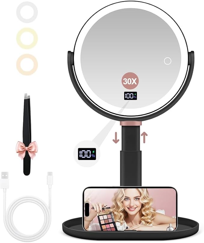 Makeup Magnifying Mirror with Light 30X/1X, Digital Display, 2-Sided Touch Control, Makeup Mirror with 3 Color Lights,360° Rotate, Height Adjustable Lighted Magnifying Mirrors for Desk Travel
