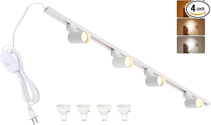 3-Color Plug in Track Lighting with Power Cord, 4-Light White | 13FT Dimmable Plug Cord | GU10 Track Lighting Kit with 32" Rail | Kitchen LED Track Lighting Fixtures Ceiling Wall Spot Light