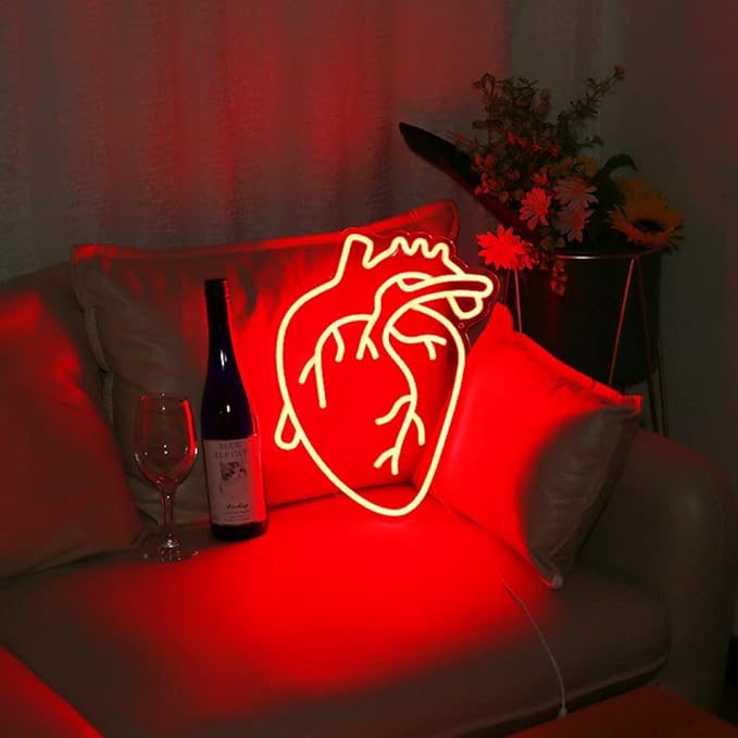 Human Heart Neon Sign USB Powered, Anatomical Heart LED Neon Light for Wall Decor, Dimmable Neon Sign for Bedroom, Party, Bar, Living Room