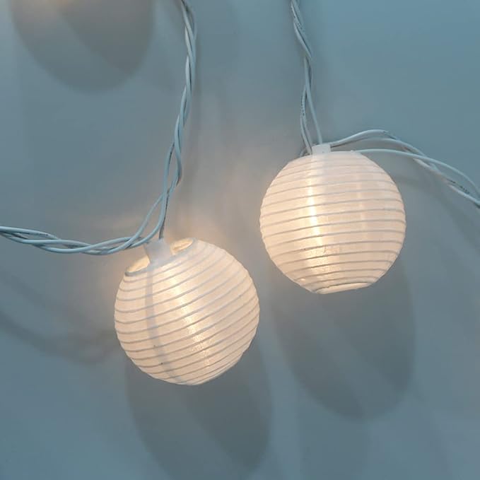 Abeja White Nylon Lantern String Lights, 8.5Ft Outdoor White Lantern String Lights with 10 Mili Lights, Halloween Yard Decorations for Patio Bedroom Wedding Party Decoration