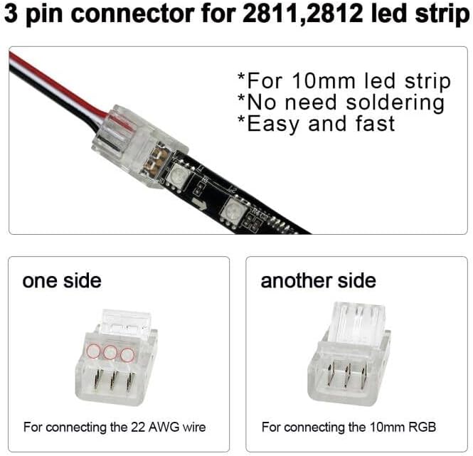 HAMRVL 12 Packs 3 Pin Led Light Connectors for WS2812B WS2811 RGB Led Strip 10mm, Solderless Transparent LED Strip to Wire Connector with 19.68Ft Extension Connection Cable 22 AWG (3 Pin, 10 mm)