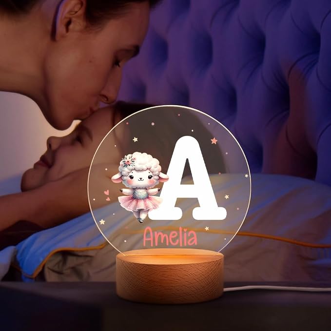 Personalized Ballet Cartoon Animal Night Light, Custom Name LED Light with Wooden Base Nursery Decor Gift for Kids